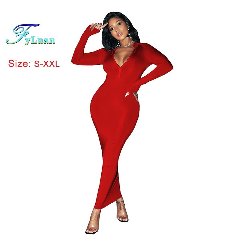 2025 High-End Women's Long Dress Solid Color Deep V Long Sleeve Tight Fitting Female Ankle Length Dress Sexy Fashion Prom Gowns