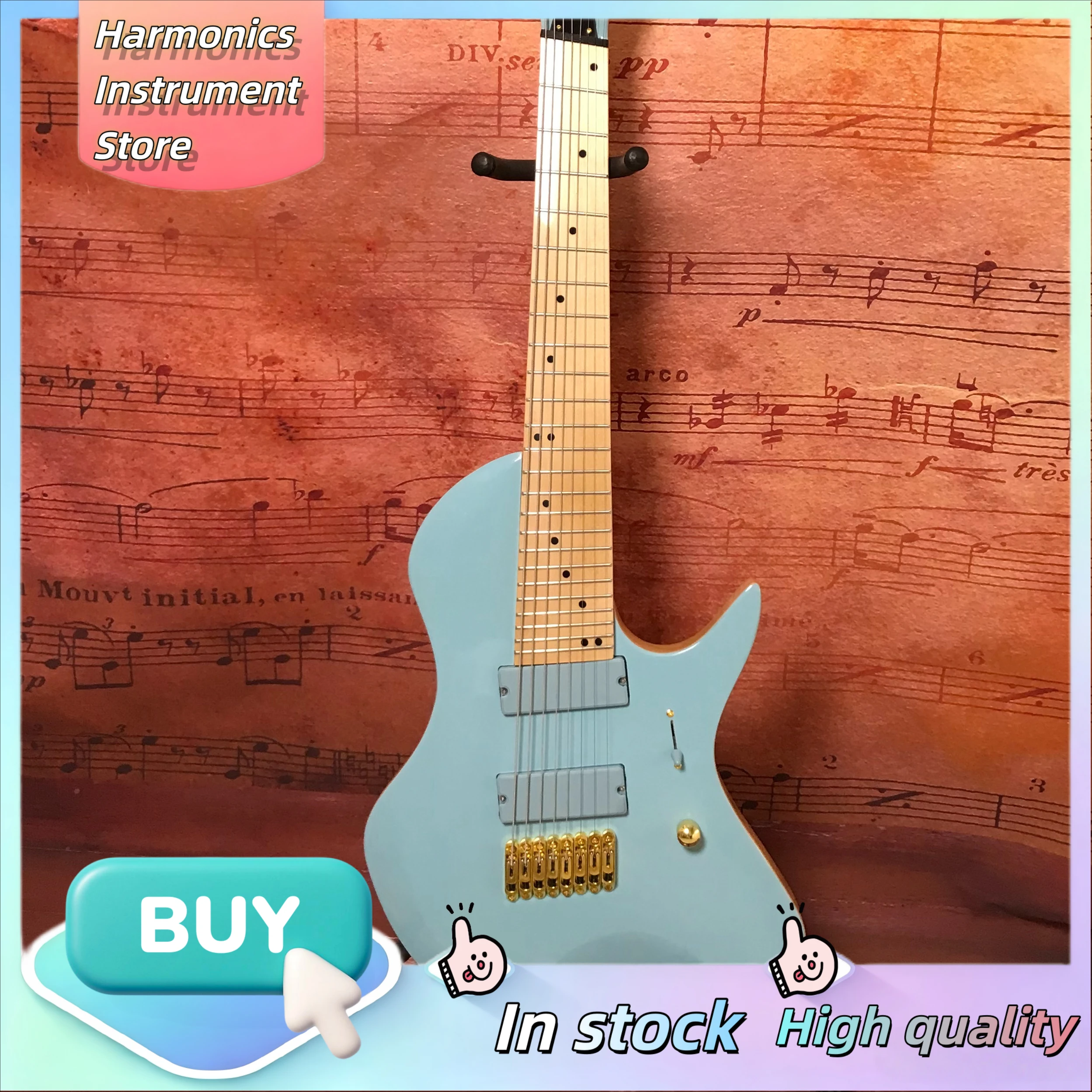 Modern‑Style 8‑String Electric Guitar Sonic Blue HH Pickups Maple Fretboard Fixed Bridge Djent Metal Performance Guitar