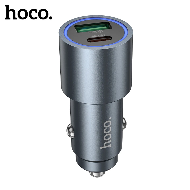 HOCO PD30W QC3.0 Dual Port Aluminum Alloy Car Charger For Samsung S24 S23 Car Lighter Slot Fast  Charging Adapter For iPhone 16