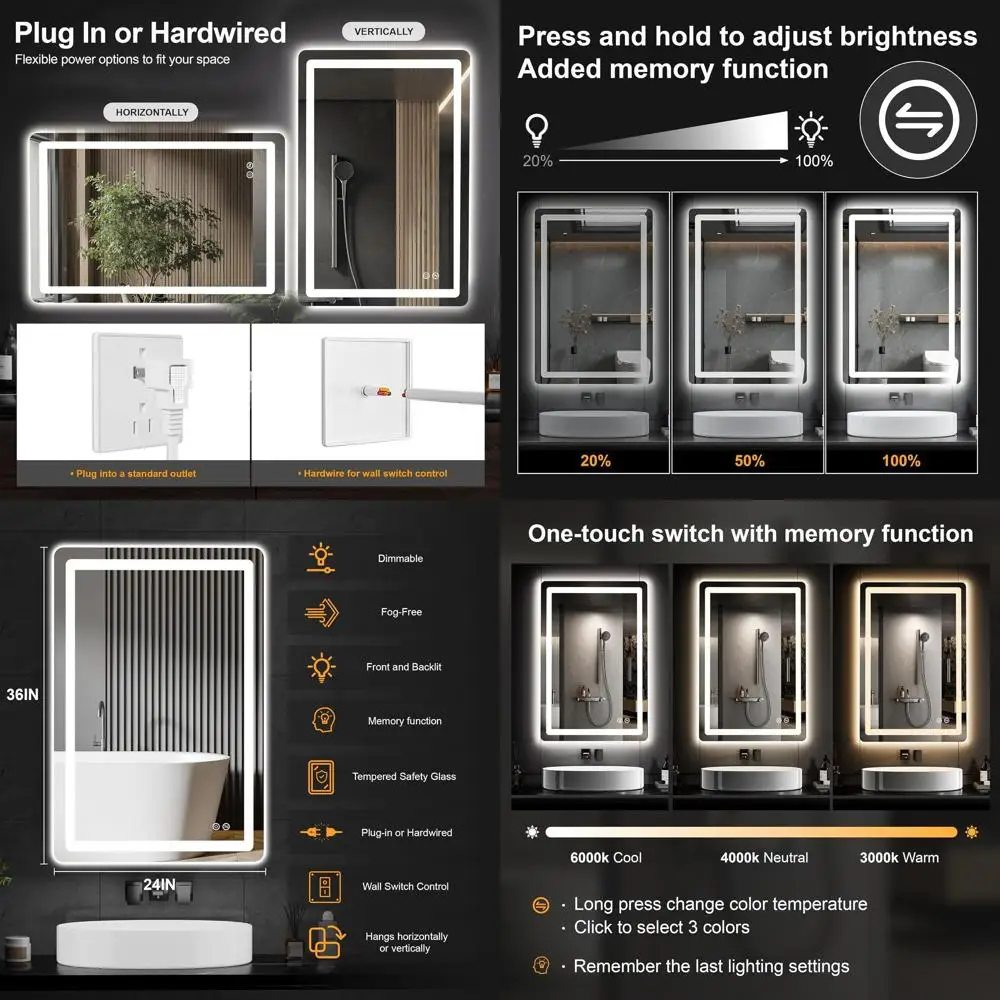 

Светодиодное зеркало для макияжа 36x24 с подсветкой, фронтальной и задней подсветкой, защитой от запотевания, регулировкой яркости 3 цветов, функцией памяти, ударопрочное, подключаемое к сети/проводное подключение