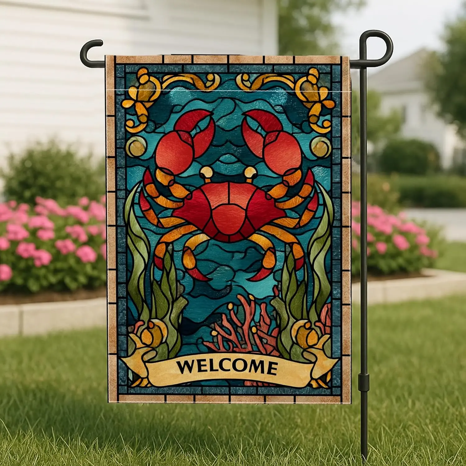 Welcome Crab Garden Flag, Colorful Stained Glass Coastal Decor Banner, Double Sided Burlap Outdoor Lawn Decoration, Summer B yyi