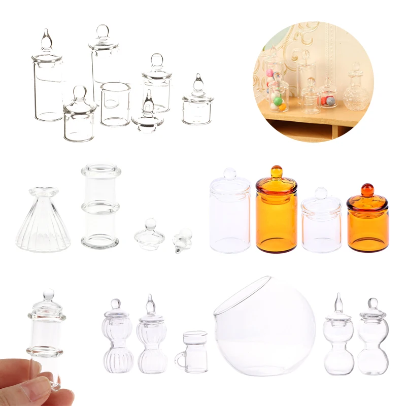 

1:12 Dollhouse Miniature Furniture Accessories Transparent Glass Jar Christmas Candy Storage Bottle with Cover Doll House Decor