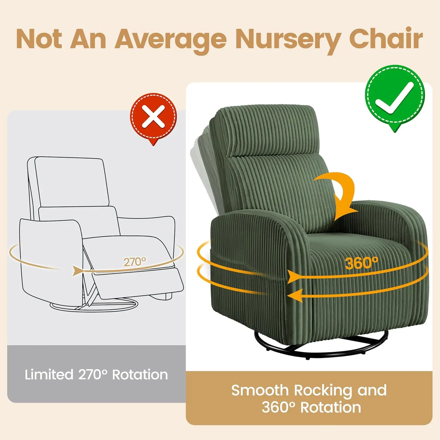 360 ° Silla giratoriaGliderChair NurseryRockingChair Silla de enfermería Bolsillos laterales Pana Sala de estar Respaldo alto Verde oscuro