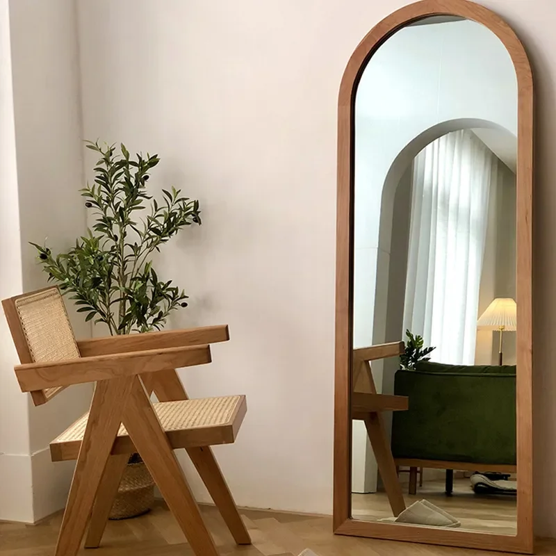 Nordic Space Time Mirror Full Length Floor to Ceiling Standing Mirror Cherry Wood Solid Wood Simple Dressing Mirror No
