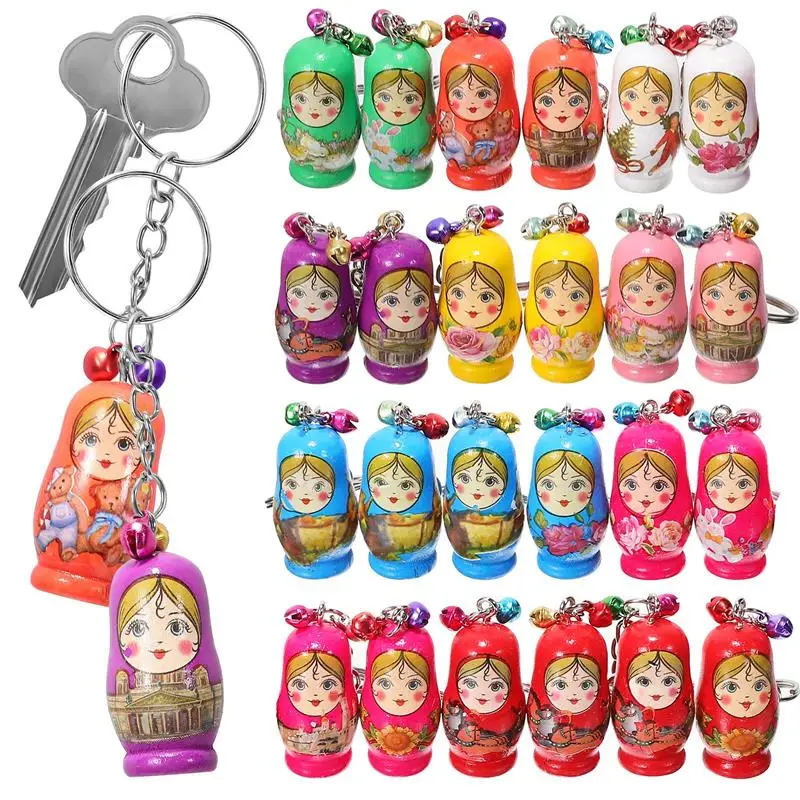 24 Pcs Russian Nesting Dolls Keychains with Small Bells Russian Dolls Pendants Key Rings Creative Keychains Charm Decors