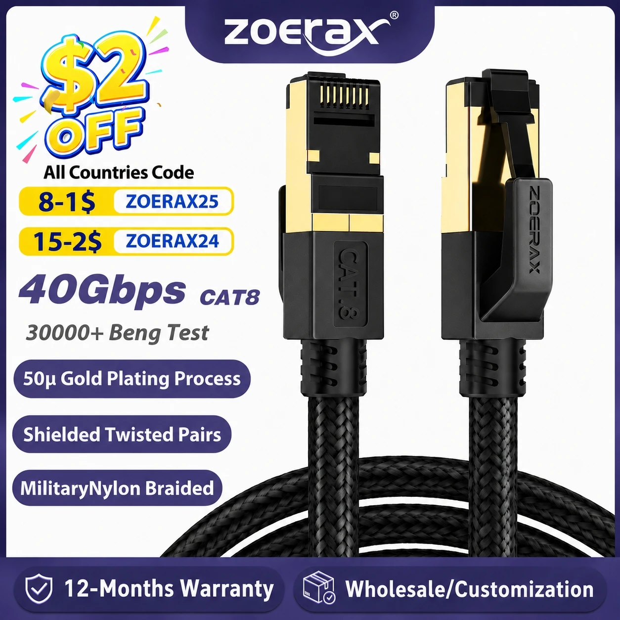 ZoeRax Cat8 Cabo Ethernet 0.3-30M 40Gbps 2000MHz RJ45 CAT8 Rede Nylon Trançado Cabo Lan de Internet para Laptop PS 5/4 Router