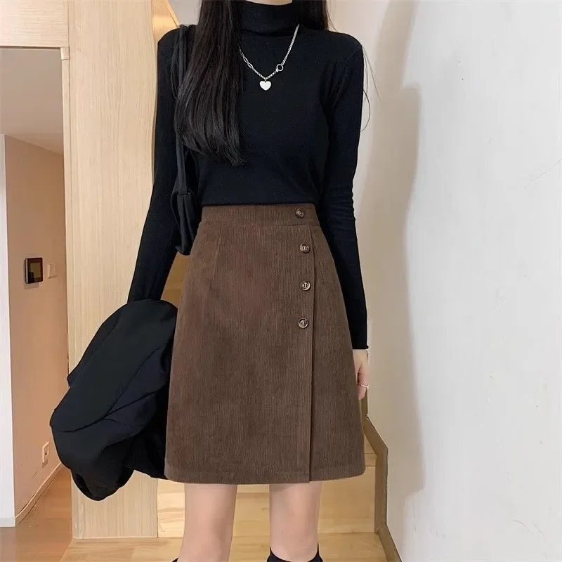 

Spring Autumn New Korean Style Corduroy Skirt Slimming Single Breasted Versatile Hip Cover Midi Skirt Trendy