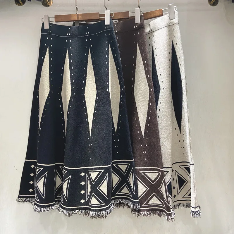 Women Knit Skirt Print Elastic Waist A Line Casual Spliced Tassel Long Skirts Elegant Lady Knitted Vintage Autumn Winter