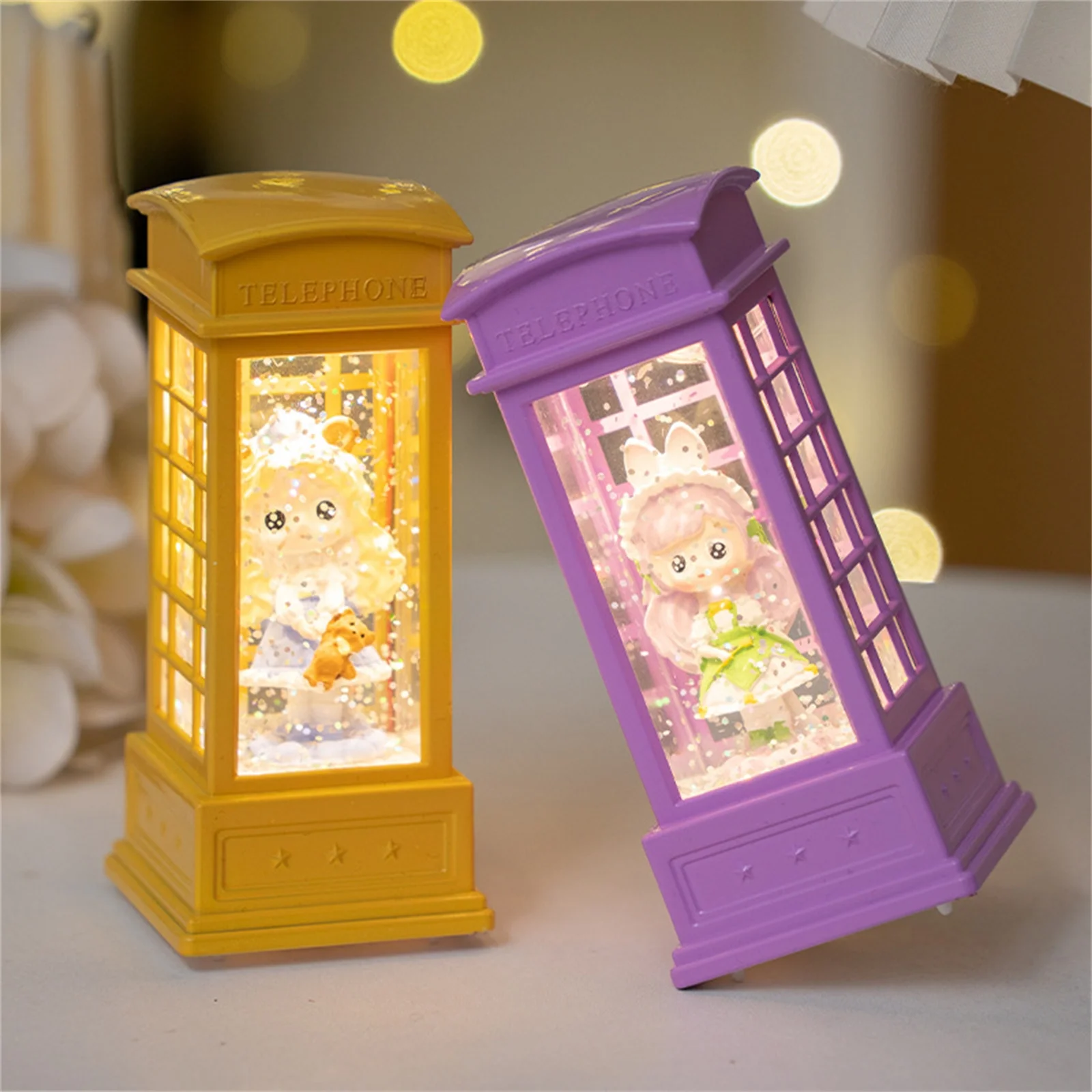 Cabine de telefone cheia de água para meninas, luz de vento, decoração de natal, cabine de telefone luminosa, luz noturna criativa, presentes de natal
