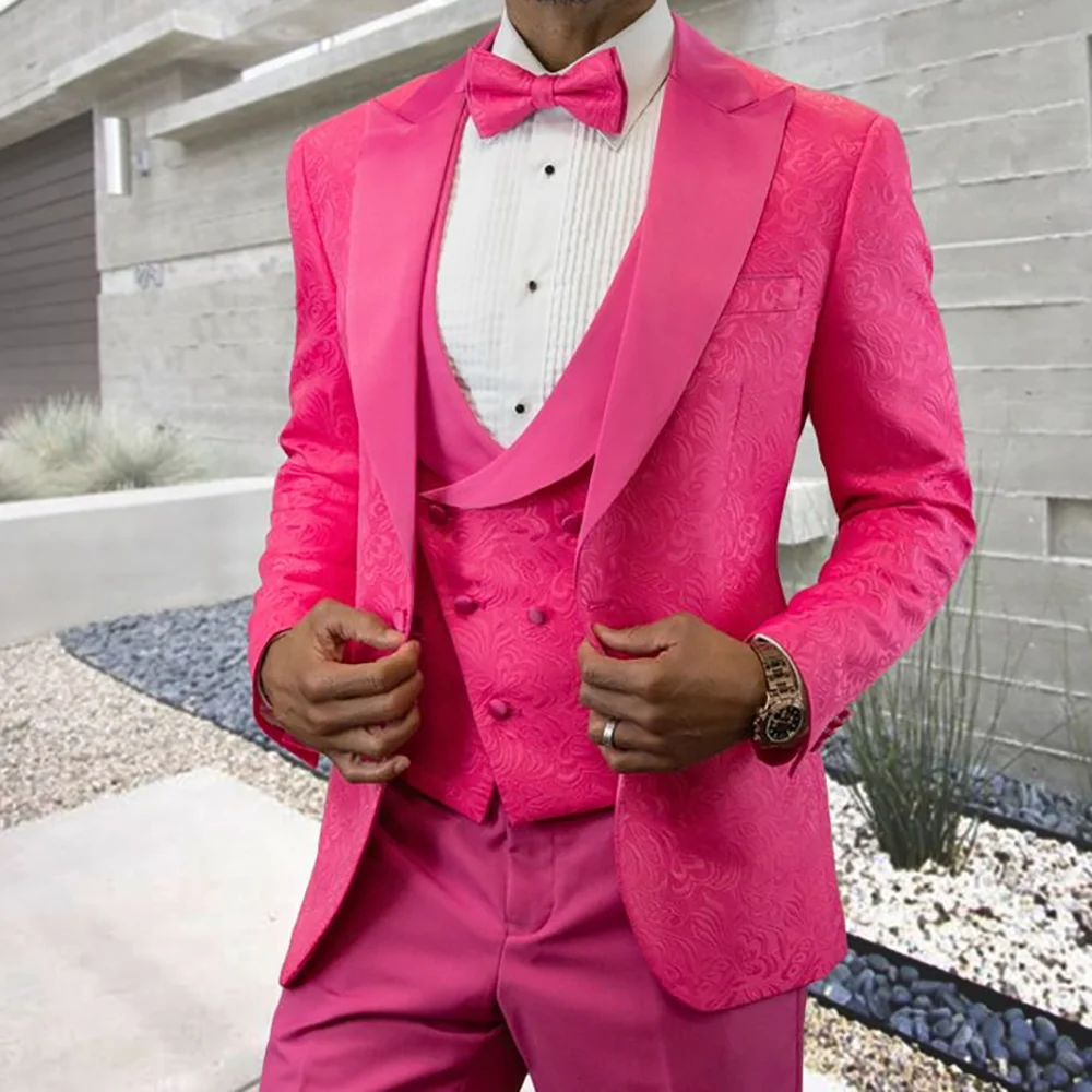 Fashion Pink Jacquard Single Breasted Men Suit Three-pieces(Jacket+Pants+Vest) Party Prom Wedding Set