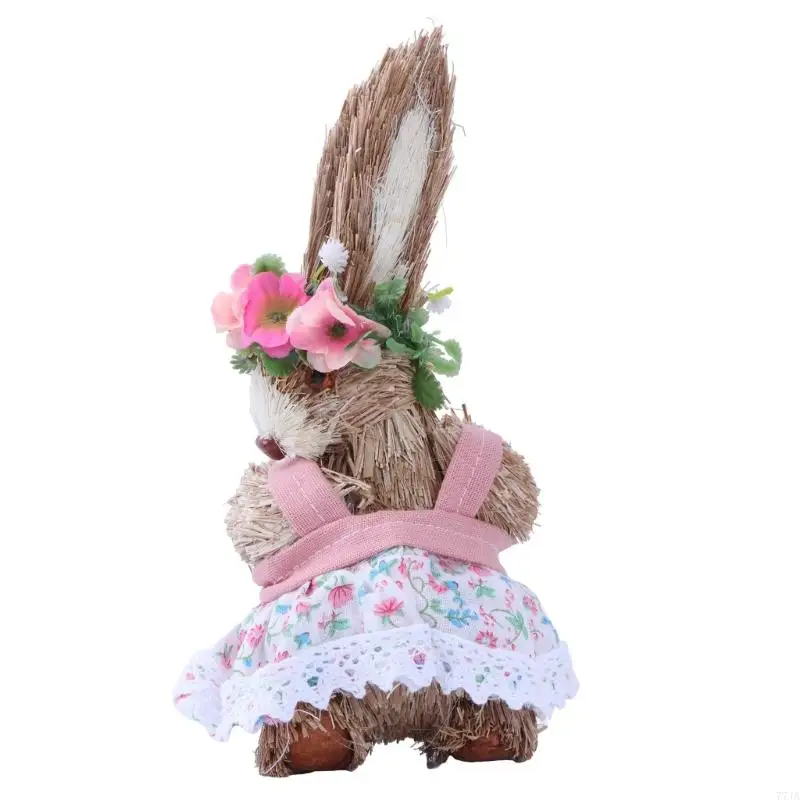 77JA Easter Straw Rabbit Ornament Handmade Bunny for Doll with Flower Wreath Apron