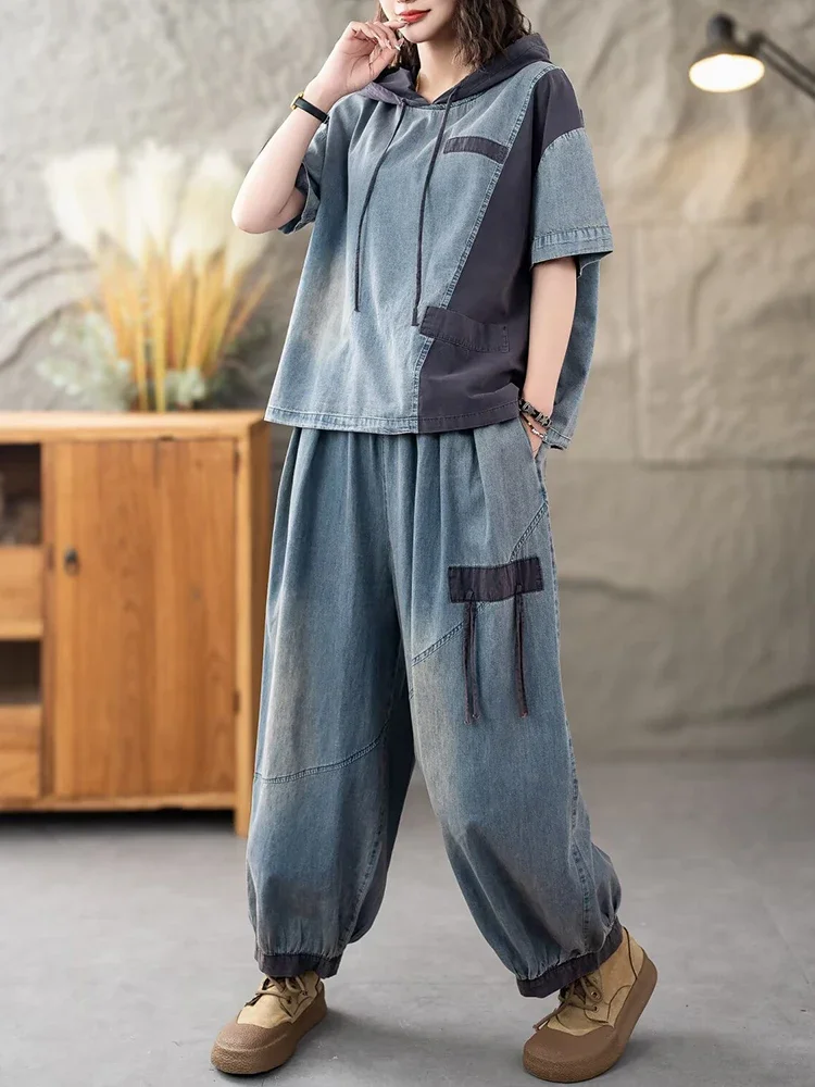 AmaxluluE Setelan Kebugaran Denim Wanita Musim Panas Set 2 Potong Mode Kaus Berkerudung Longgar Jeans Kasual Celana Klasik Pakaian Antik