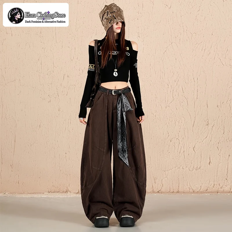 2026 New Women Brown Gothic Baggy Y2k Jeans Vintage Harajuku Gradient Jean Pants American 2000s Oversize Denim Trousers Autumn