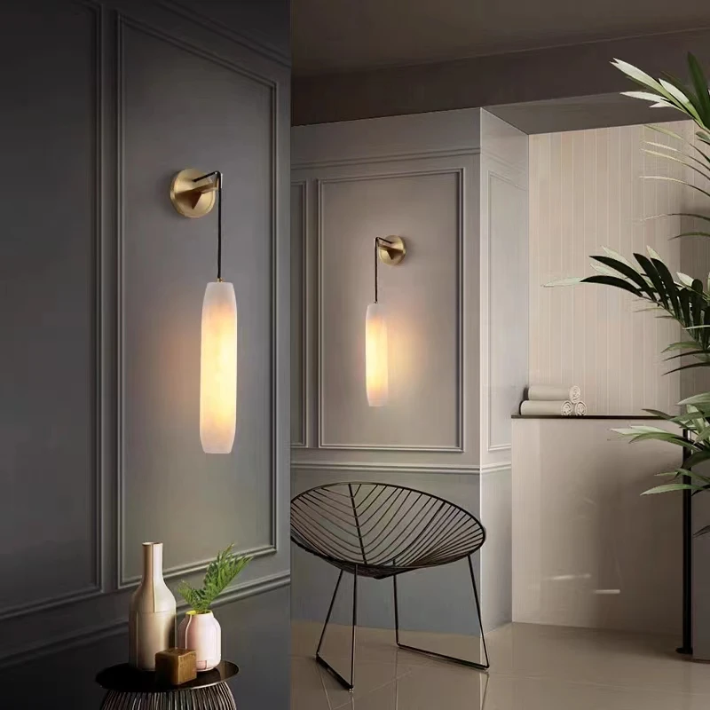 Cylindrical Natural Marble Wall Lights Living Room Bedroom Aisle Stairs Sconce Lamp Copper Wire Adjustable Including E14 Bulb