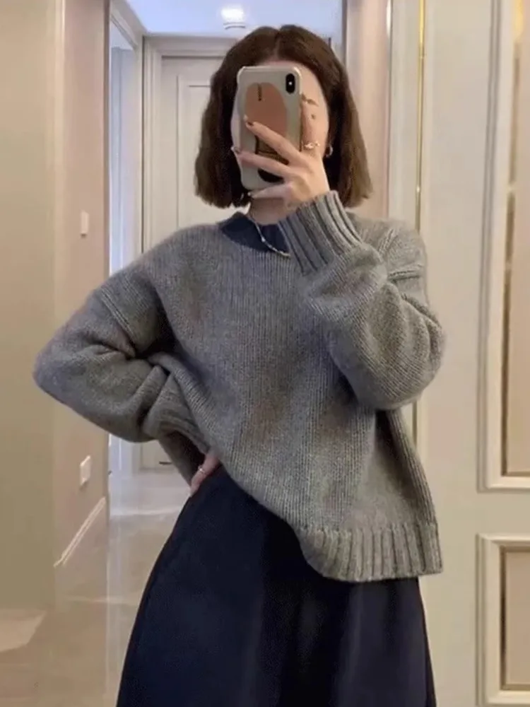 

Серый 100% свитер в стиле ретро, женский контрастный утолщенный свободный свитер с круглым вырезом и ленивым ветром, рубашка с темпераментом, зимняя рубашка