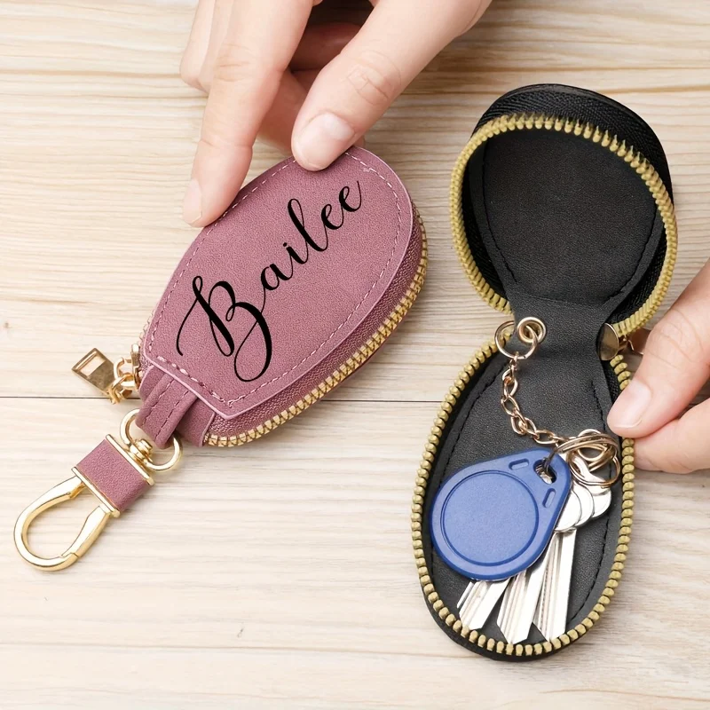 パーソナライズされた名前テキストキーホルダー ジッパー付き PU 車のキー収納オーガナイザー 男性 女性 誕生日 クリスマス バレンタインデー ギフト用