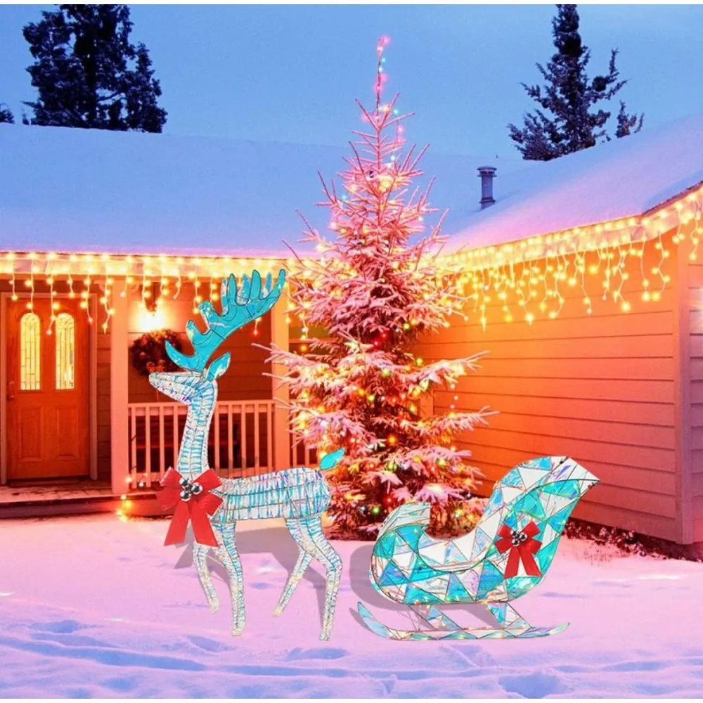 

Iridescent Christmas Reindeer and Santa Sleigh Set,ighted Christmas Yard Decoration,Perfect for Indoor or Outdoor Lawn Ornaments