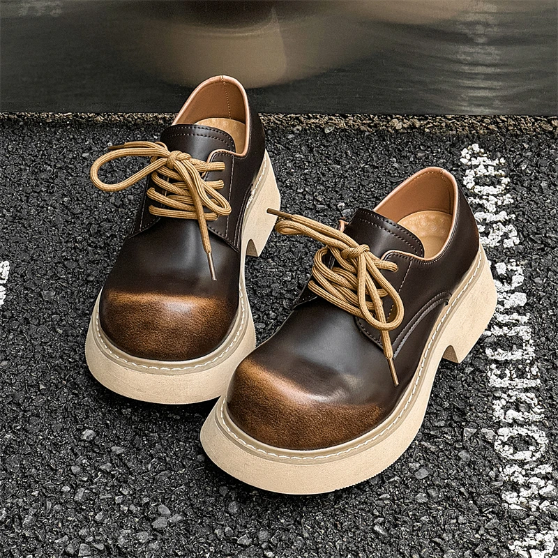 

New Men Derby Shoes High-end Exquisite Round Toe Thick Sole Height Increasing Couple Style Casual Fashionable Shoes