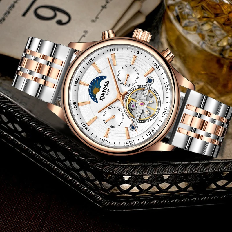 KINYUED Orologio meccanico di moda di marca per uomo Multifunzionale fasi lunari Settimana Data Tourbillon automatico di lusso Orologi da uomo
