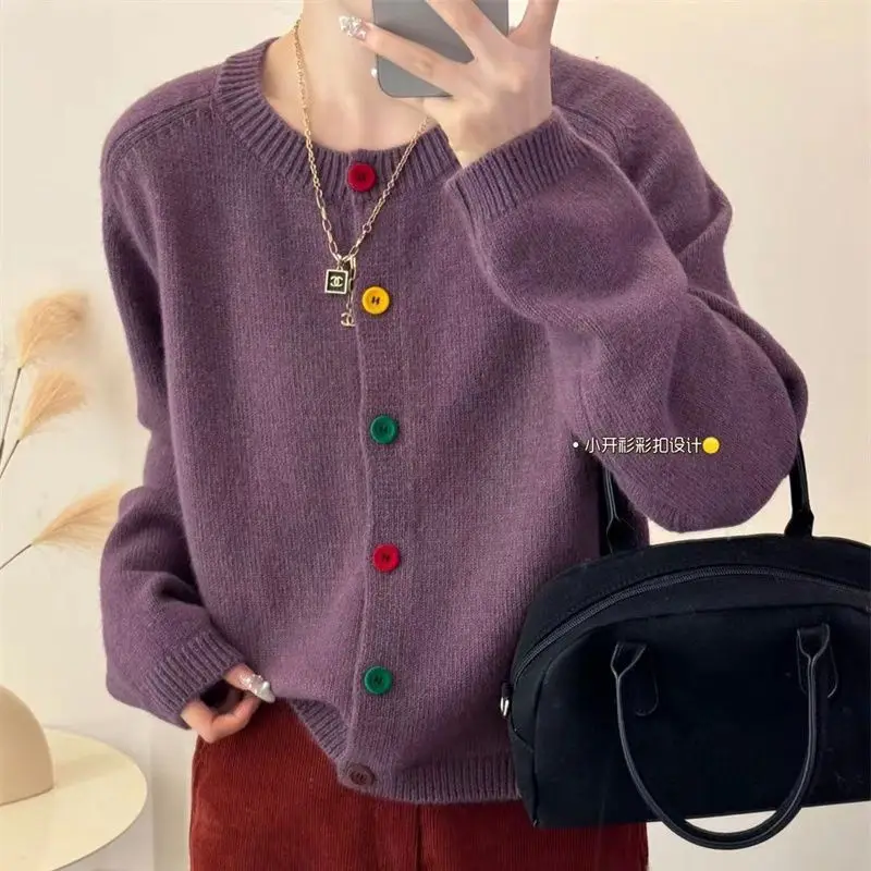 Japanese Sweet and Fresh Round Neck Colorful Button Knitwear Coat Academy Style Western Versatile Sweater Women\'s Cardigan