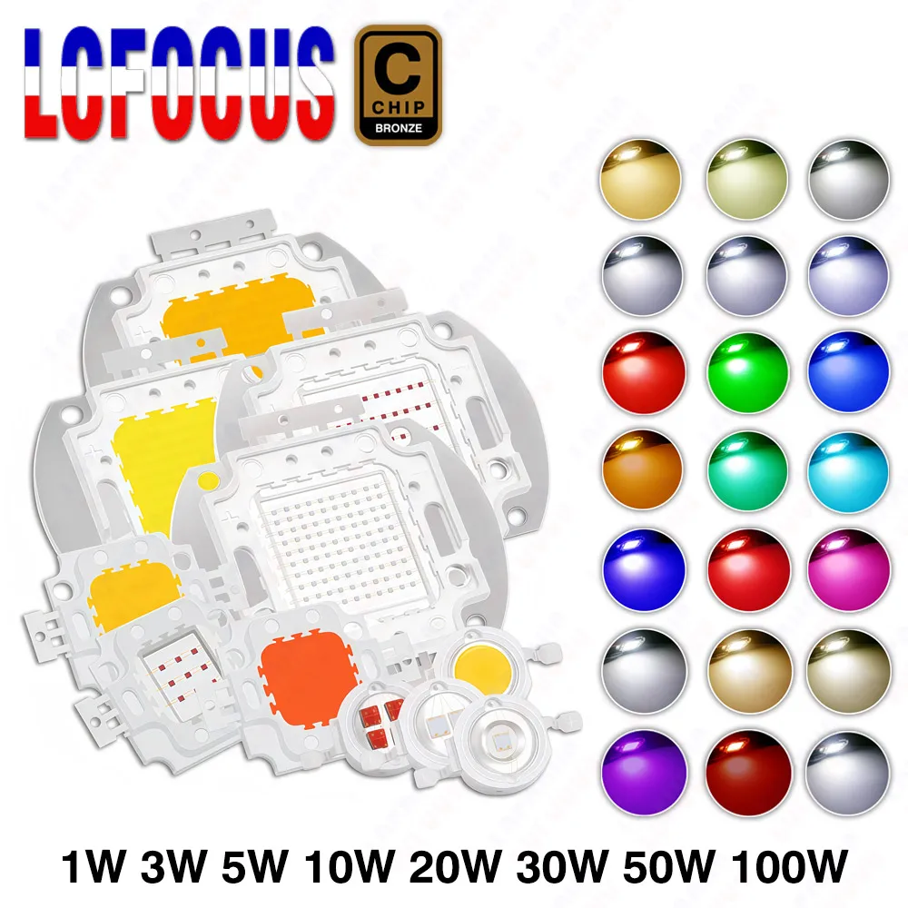High Power LED Chip 1W 3W 5W 10W 20W 30W 50W 100W SMD COB Light Bead Warm Cold White Red Green Blue RGB Full Spectrum Grow Lamp