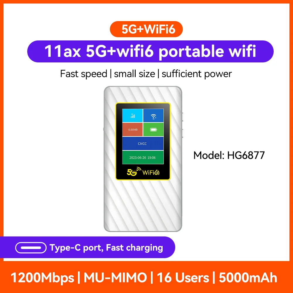 5G Portable High Speed Hotspot Unlocked–WiFi 6 Pocket Router with 5000mAh Battery, Type-C, LCD Display,SIM Card Slot for Travel