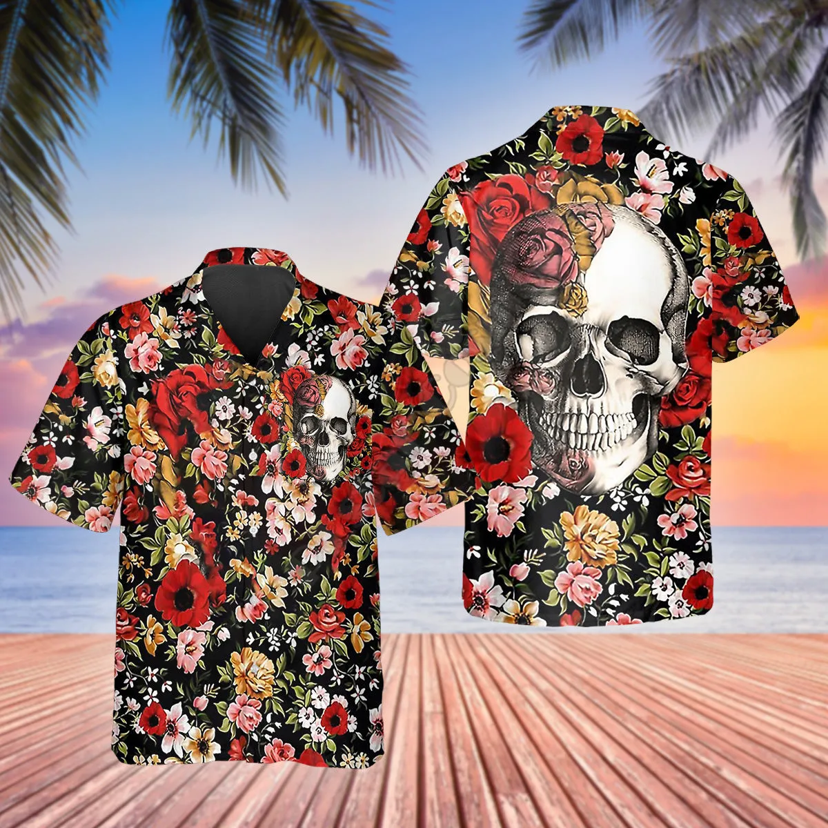 3D Printed Happy Summer Flowers Grinning Skull Hawaiian Shirt Summer Short Sleeved Shirts Men Shirts Oversize Camisa Social 5XL