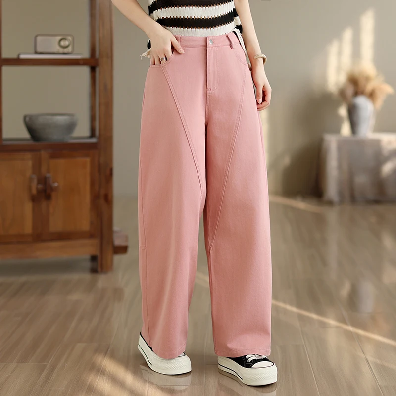 Pink Denim Wide Loose Jeans High Waist Casual Cotton Long Pants Spring 2026 Street Style Durable Vintage Washed Ladies Jeans