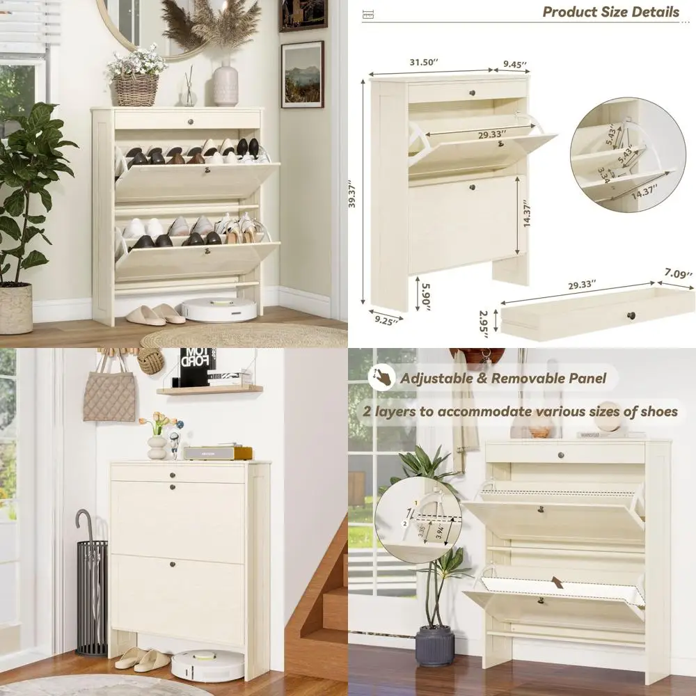 

Adjustable Shelf Slim Shoe Storage Cabinet with Flip-Up Doors and Elevated Base for Compact Spaces