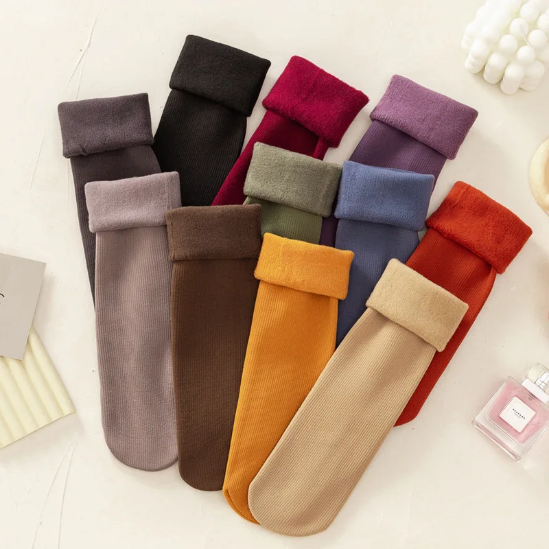 1 Paar Damen Thermo-gefütterte Crew-Socken, einfarbig, weich, gerippt, Thermo-Wadensocken, Damen-Rollmanschette, dicke, weiche Wintersocken – Detail 1