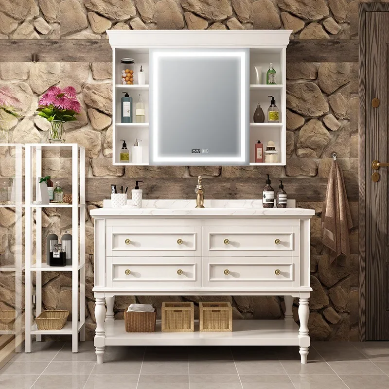 

America Bathroom Vanity with Slab Sink, Floor Wood White Vintage Bathroom Sink Cabinet with 4 Drawers, Wood Bathroom Vanity Set