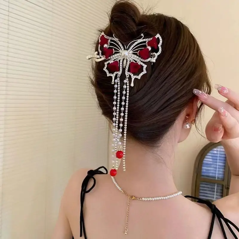 

High-end Red Lysander Tassel Twisting Hair Clip for the Back of the Head - Trendy New Fashionable Retro Style Hair Accessory