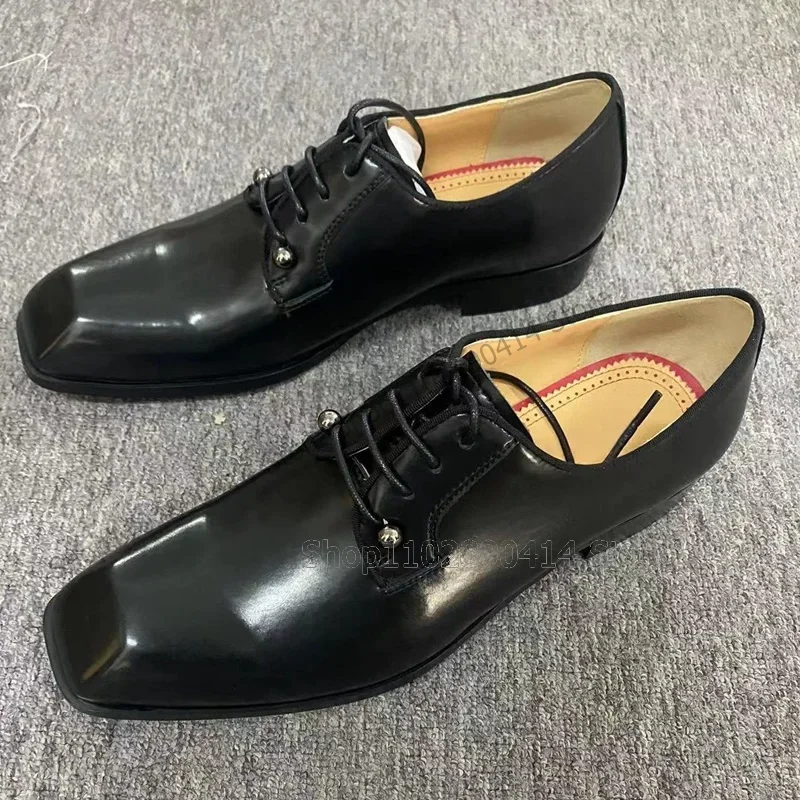 

Metal Decor Black Cross Tied Square Toe Loafers Fashion Lace Up Men Shoes Luxurious Handmade Party Feast Office Men Dress Shoes