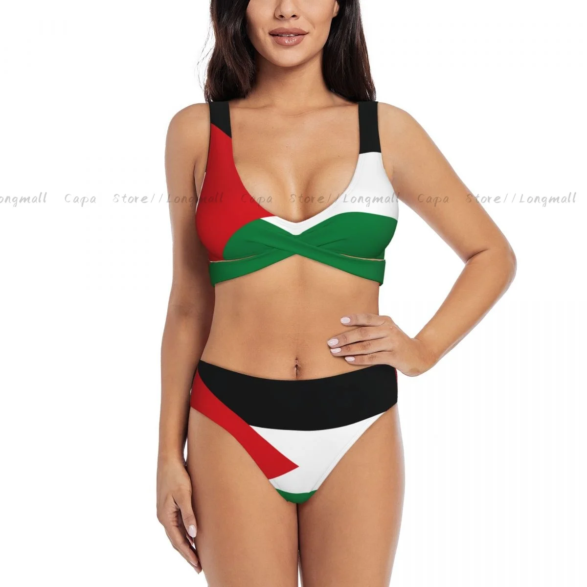 Summer Women V Neck Bikini Set Palastaine Flag Swimwear Female 2 Piece Beach Swimsuit Bathing Suit