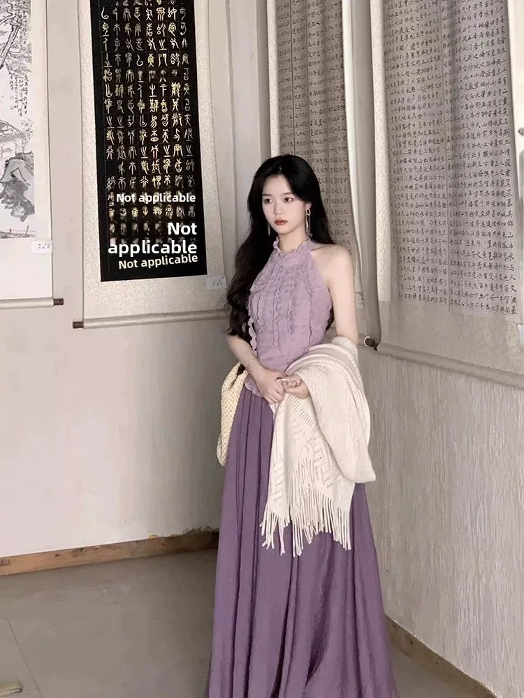 

Unique Purple Svel Top And f Skirt Set for Women Beautiful Vintage New Chinese Sle Summer Faion Two Piece Set