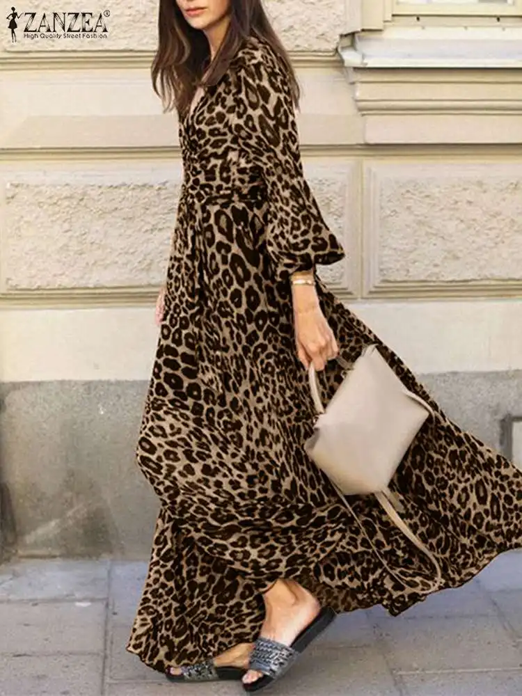 ZANZEA Autumn Women Long Dress Puff Sleeve Maxi Vestidos Stylish Leopard Sundress Female Party Robe Casual V Neck Print Dresses