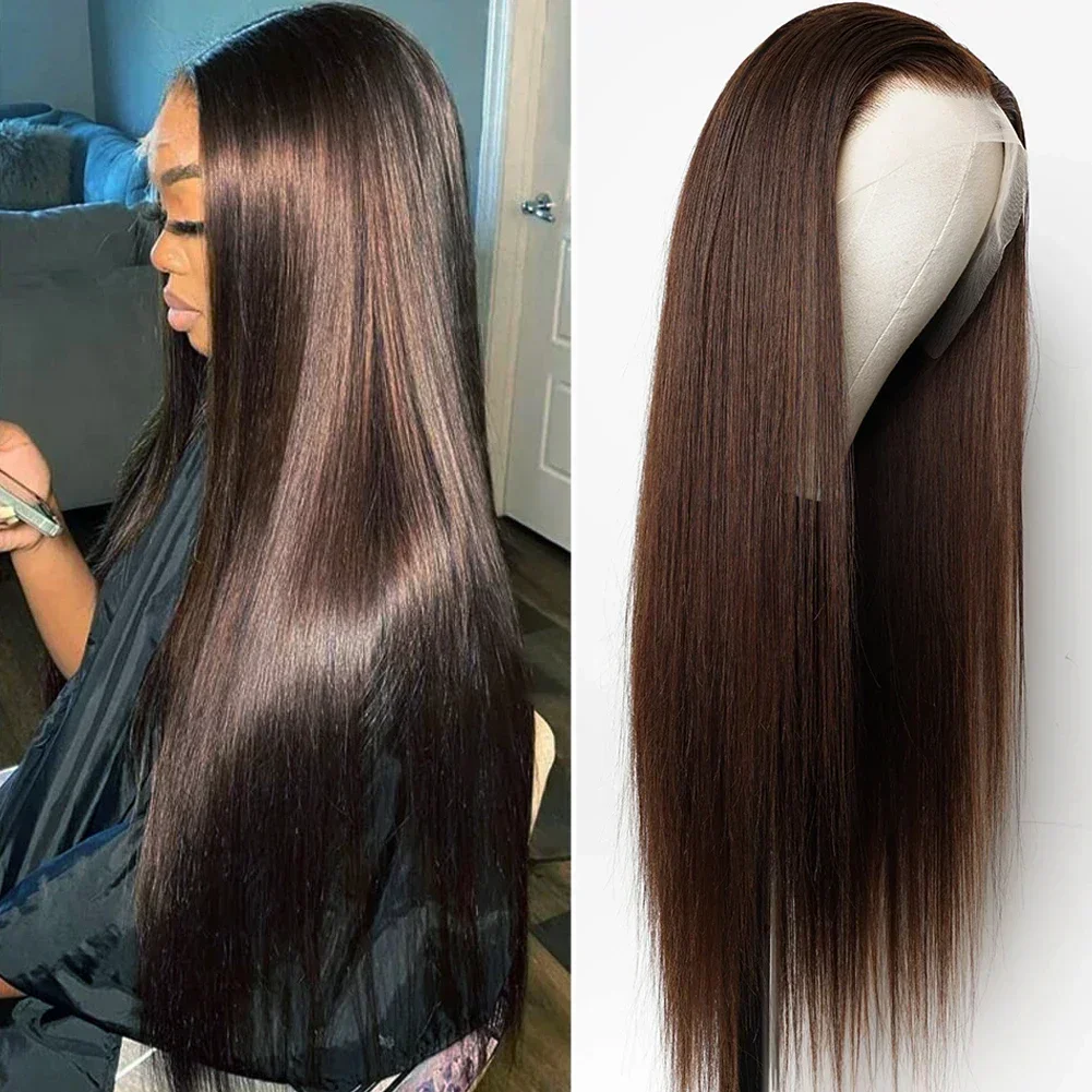 100% Human Hair Wig Brown Black Lace Front Wig For Women Pre-Plucked Transparent Lace Natural Hairline Silky Straight Hair BOBBI image 3