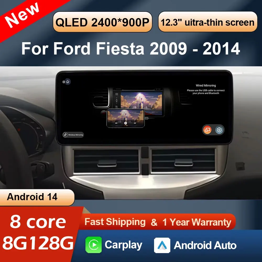 Wireless CarPlay Auto For Ford Fiesta 2009 - 2014 Android 14 Navigation GPS Car Video Player DSP Stereo 4G Ultra Thin Screen