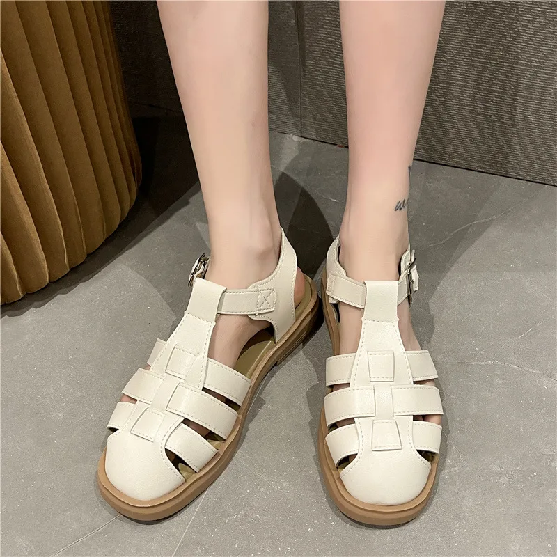 Women Summer Casual Soft Flat Sandals Leather Women Gladiator Sandals Slip on Ladies Thick Sole Beach Roman Zapatillas De Mujer