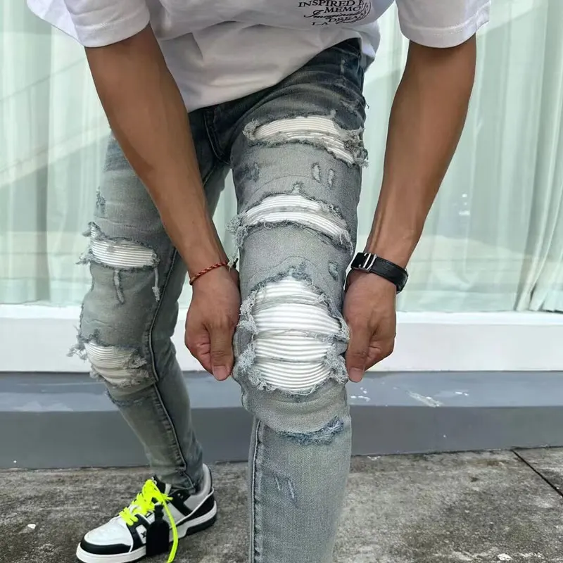 Designer fashion new men's jeans stretch slim fit retro light blue patchwork white patch jeans high street chic brand pants homb