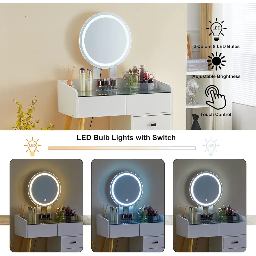 Dressing Table LED Lights Glass Top Dressing Table Extendable Side Table 5 Drawers Dressing Table Mirror and Stool for Bedroom