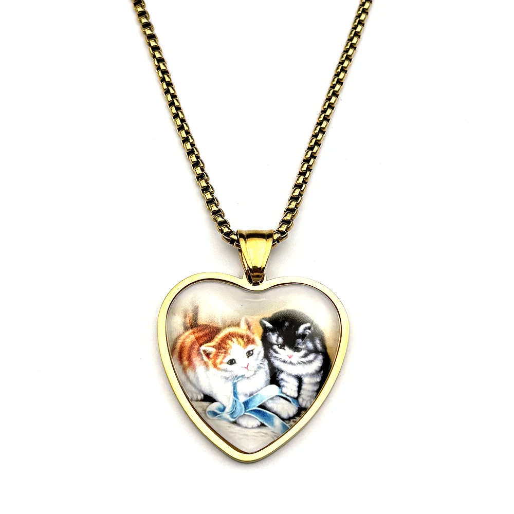 Niedliche Kätzchen-Herz-Anhänger-Halskette aus Edelstahl mit Katzenfoto-Box-Kette, Vintage-Tierschmuck, Geschenk für Frauen und Katzenliebhaber. – Detail 5