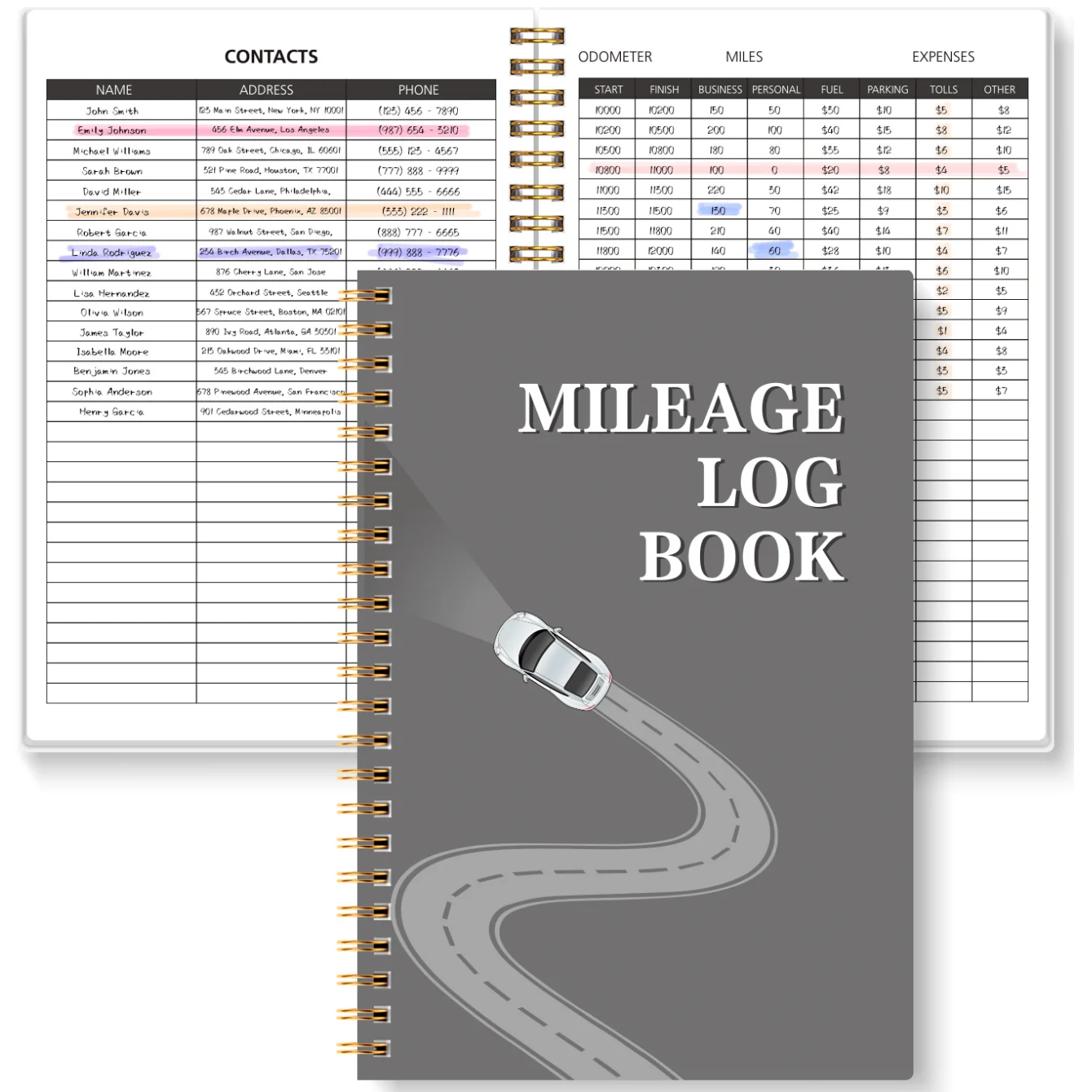 Libro di registro per chilometraggio A5, localizzatore di spese per veicoli con contachilometri, miglia, carburante, parcheggio, perfetto per documenti di auto aziendali e personali