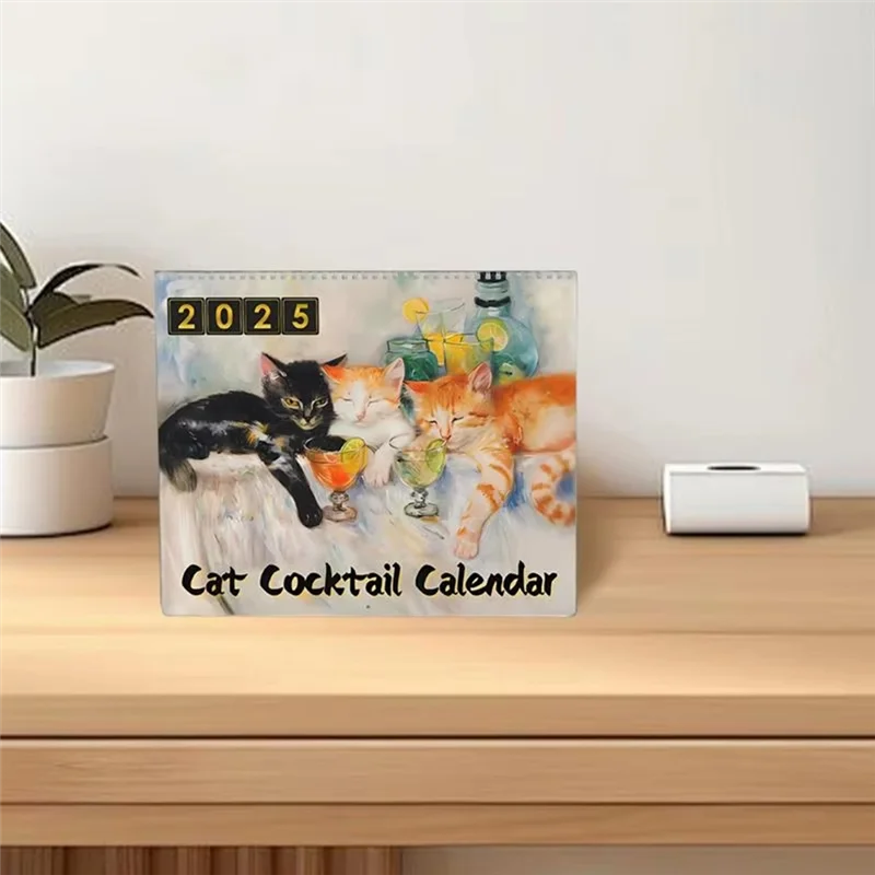 Practical-Decorative Wall Calendar 2025 Cat Cocktails Pattern Desk Calendar Decorative Animal Calendar For Table Ornament