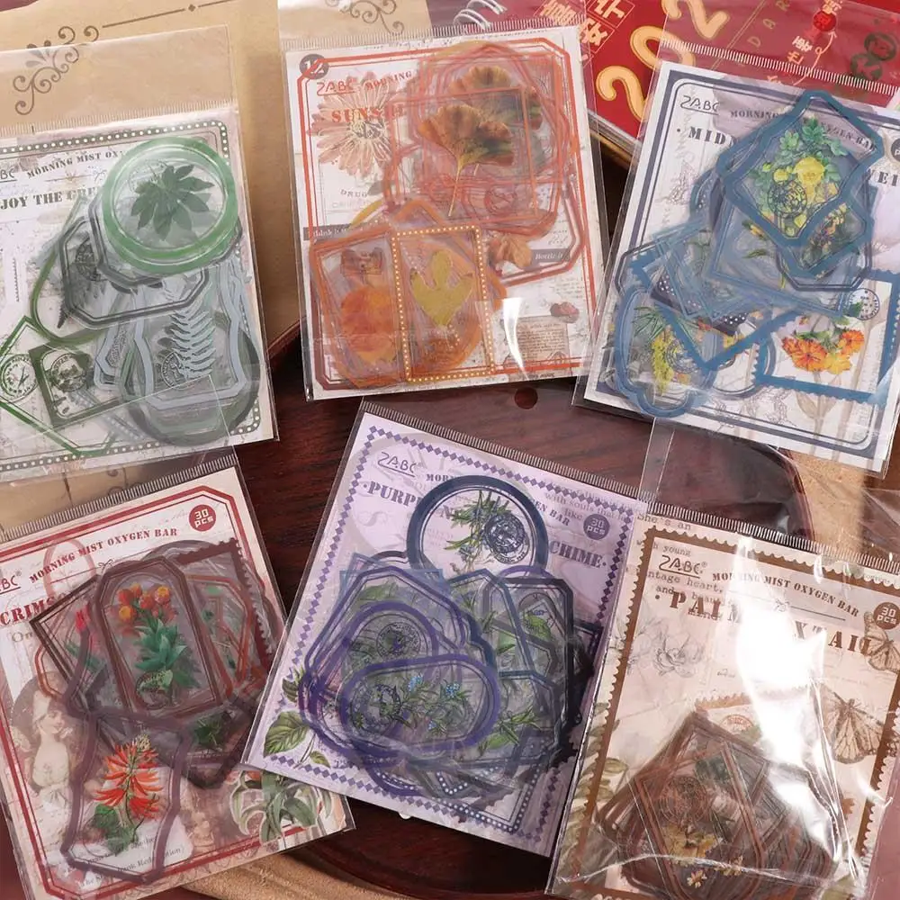 30 Pcs/Bag PET Flower Plant Sticker Bag Colorful DIY Hand Tent Decorative Material Waterproof Transparent Scrapbooking Sticker