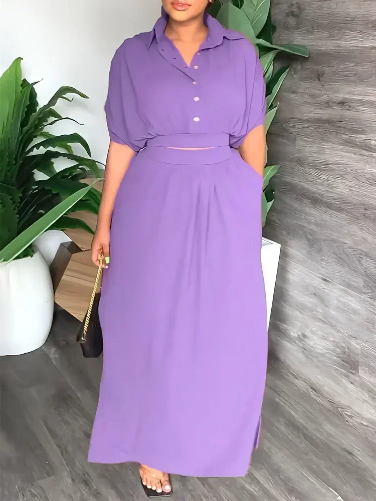 

GUWU Elegant Slim Maxi Long Skirt Suit for Women Raglan Sleeve Shirt Blouse Two 2 Piece Set Outfits Chic Fashion Street Vestidos