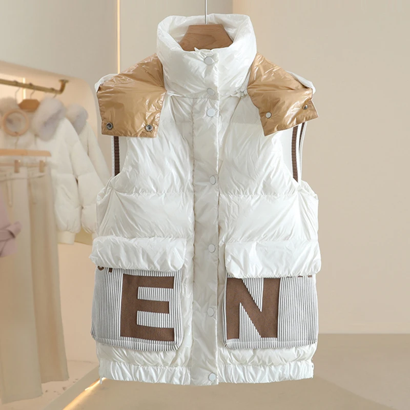 

2025 New Hooded Glossy Winter Down Cotton Padded Vest For Womens Thick Bright Black Shiny Vest Black Parkas Fashion