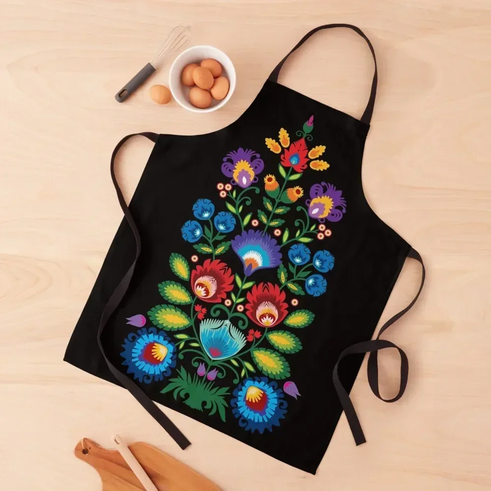 

Folklore from Lowicz- wycinanki [black background] Apron professional hairdresser Home Cleaning Barista household woman Apron