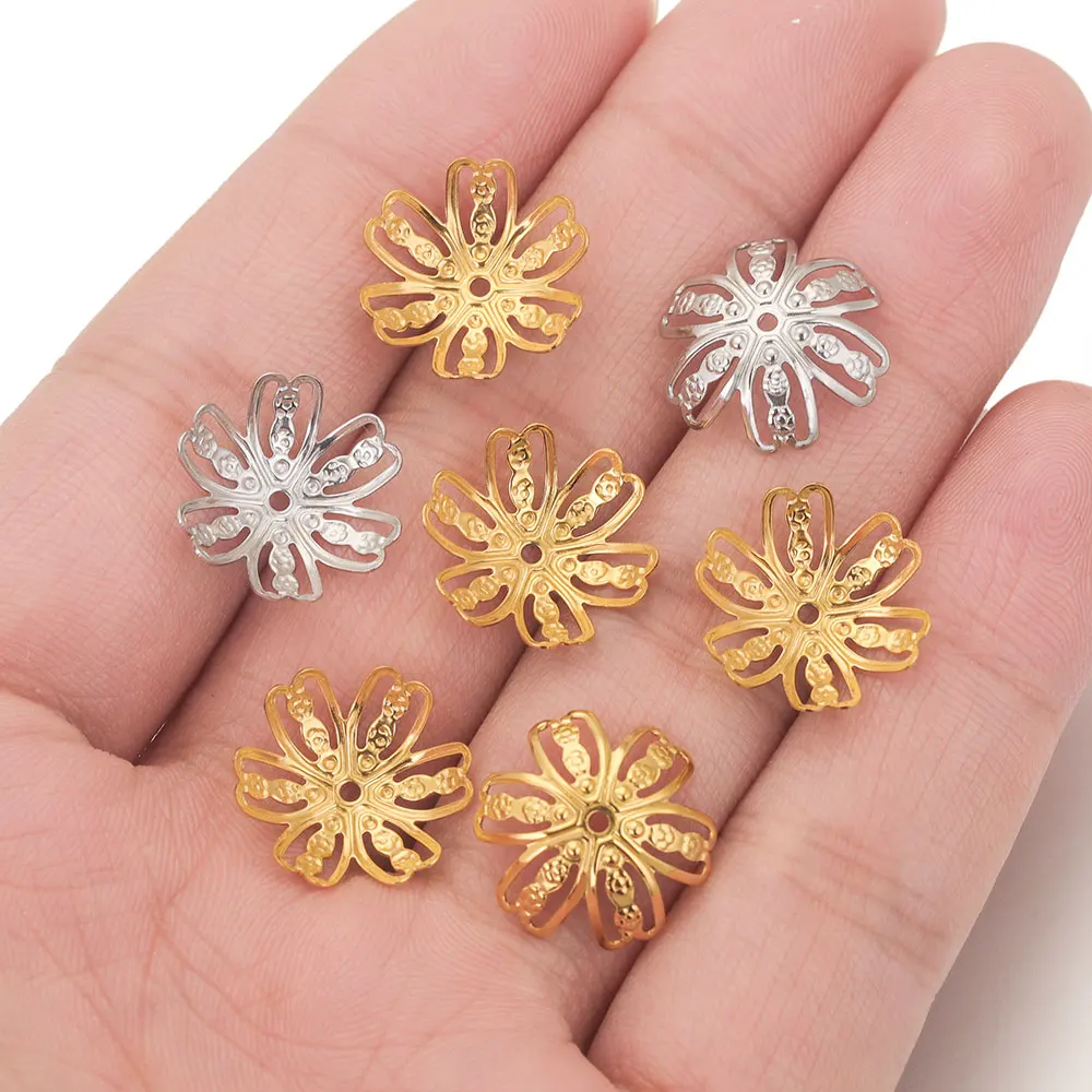 50pcs Stainless Steel Gold Plated Hollow Six Petal Bead Cap Charm End Spacer for DIY Bracelets Jewelry Making Supplies Wholesale