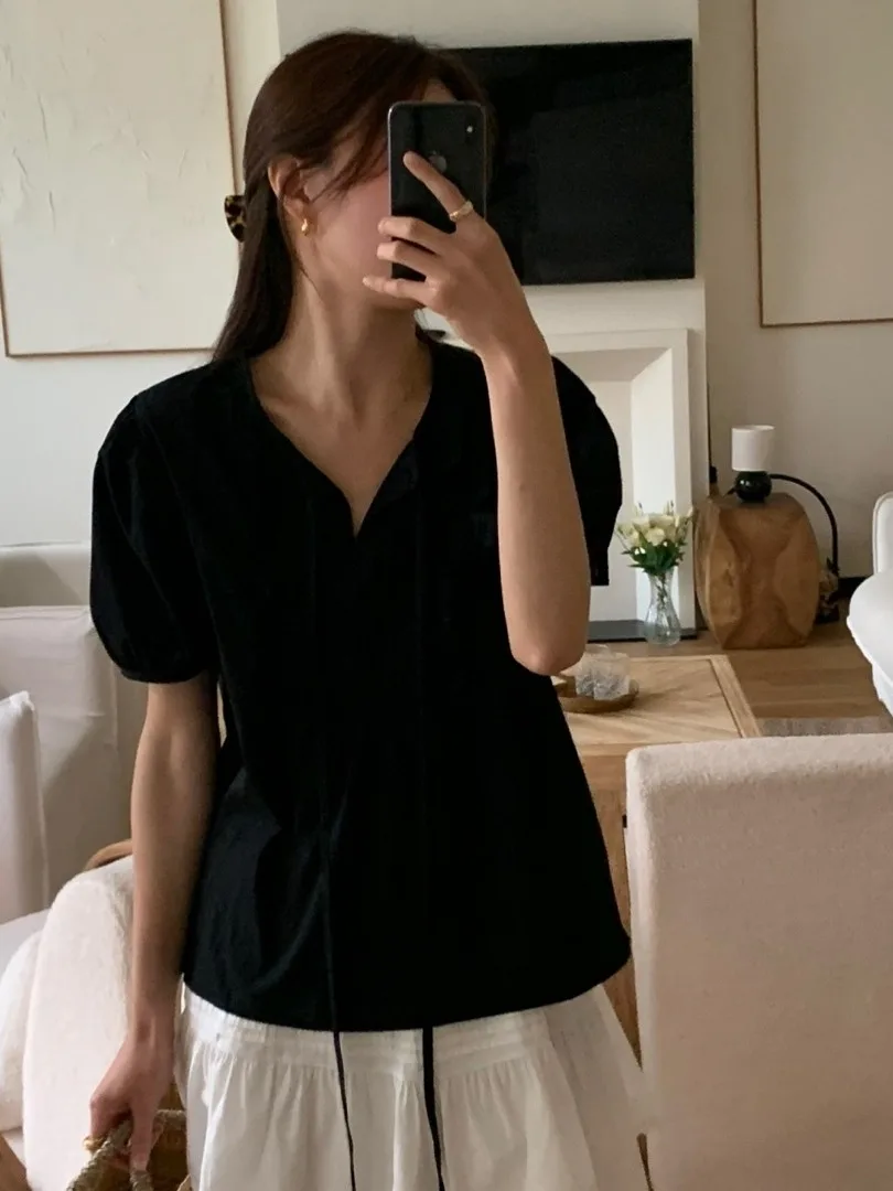 Summer New Women's Bubble Sve irt Loose Fit Sweet Tie ort Sve Blouse Versatile Design Wood ain  Detailing